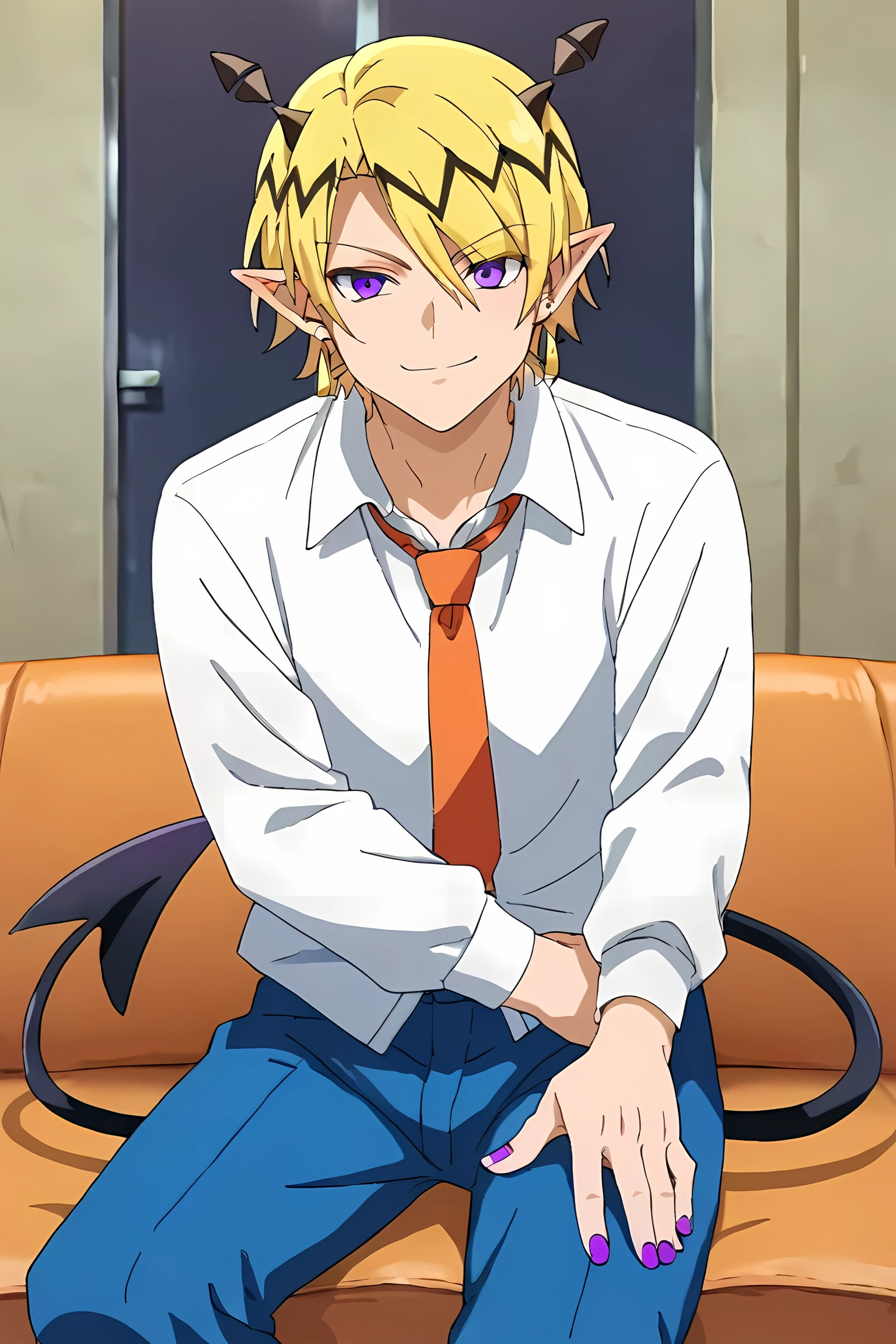 score_9,score_8_up,score_7_up,source_anime,looking at viewer, solo, 1boy, Shax Lied,blonde hair, purple eyes,earring,purple nail,pointy ears, horns, smile, indoors, sitting, demon tail<lora:EMS-390076-EMS:0.800000>