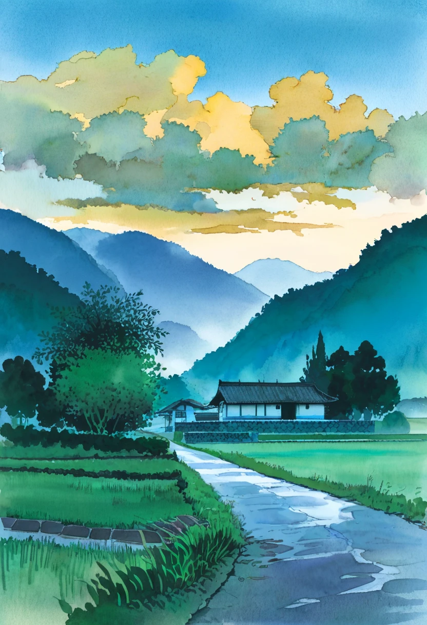 Misty rural landscape with traditional buildings, watercolor on paper, foreground with a road leading to a house, background with misty mountains and lush vegetation, tranquil, serene, blue-green color palette, twilight ambiance, reflective surface on the road, Asian architecture, rural scenery, lush greenery, ambient light, distant perspective, watercolor washes, textured paper