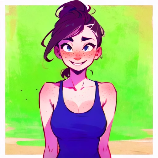 live art style, Malaysian woman, beautiful woman, French twist hair style, Caramel hair colour, freckles, 27 years old, Smile , looking at the viewer, wearing a Navy Tank top , medium breasts, tight body, Rule of thirds framing, <lora:CuteWebComic:1>,