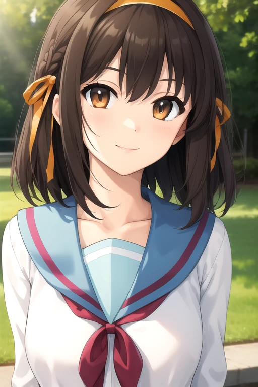 ((masterpiece)),(best quality),official art,extremely delicate and beautiful,extremely detailed CG,unity 8k wallpaper,ultra detailed,beautiful detailed eyes,extremely detailed face,outdoors,1girl,solo,upper body,(portrait:1.5),looking at viewer,facing viewer,smile,Suzumiya Haruhi,medium hair,brown hair,hair intakes,orange hairband,hair bow,orange bow,hair ribbon,orange ribbon,hair ornament,sidelocks,diagonal bangs,brown eyes,kita high school uniform,collarbone,blue sailor collar,serafuku,neck ribbon,red ribbon,red bow,white shirt,long sleeves,large breasts,skindentation,shirt tucked in,miniskirt,blue skirt,zettai ryouiki,black thighhighs,loafers,<lora:Suzumiya Haruhi(tmhs):0.8>,