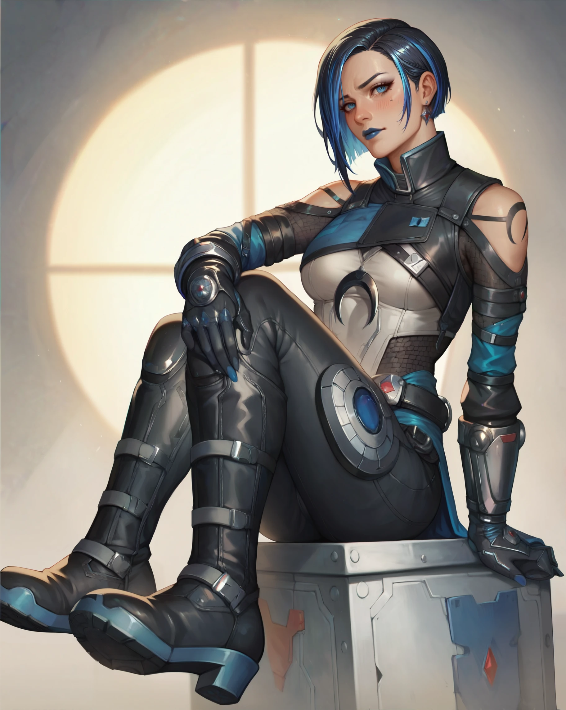 (Masterpiece:1.4), (best quality:1.2), score_9, score_8_up, score_7_up, score_6_up, 1girl, solo, (simple background:0), ctl7t0rig, black gloves, black bodysuit, grey bodysuit, belt, black hair, blue hair, multicolored hair, short hair, two-tone hair, black knee boots, breasts, black pants, blue lips, blue eyes, shoulder cutout,  looking at viewer, looking to the side, sitting  medium breasts, blush, foot focus, sitting, nail polish <lora:MyTrainings\Temp\Catalyst_Original_XL_Pony.safetensors:0.7>