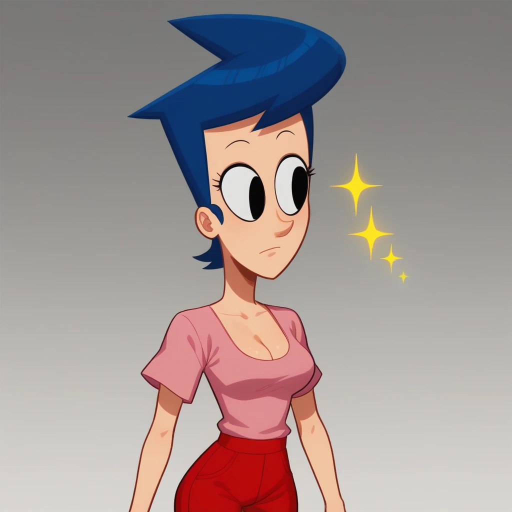 score_7_up, BREAK, Darla, 1girl, solo, blue hair, black eyes, untucked pink shirt, short sleeves, cleavage, red pants, <lora:Darla_GetBlake_PXL_Leaf1:1>, cowboy shot, gradient background, sparkle background,
