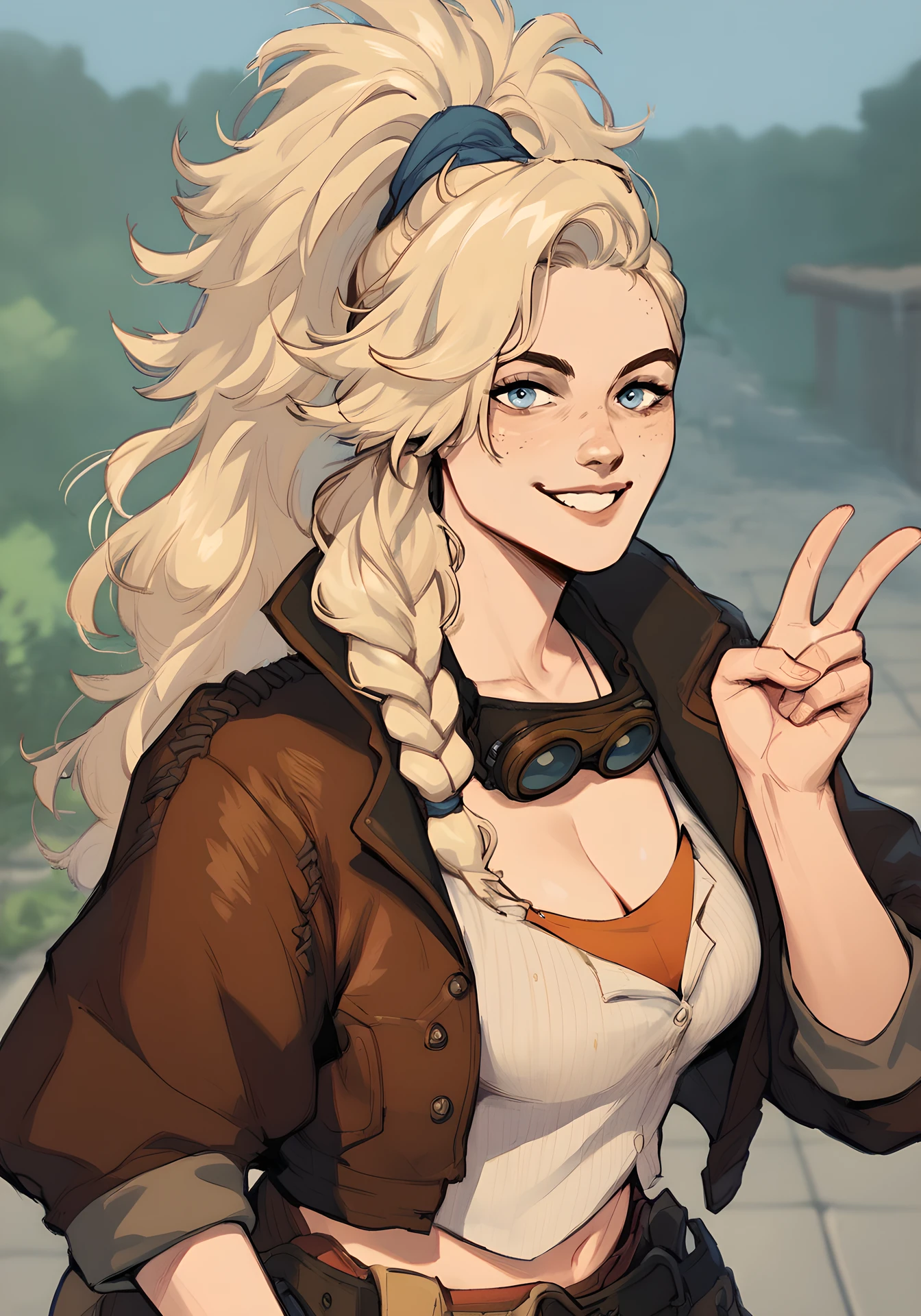 score_9, score_8_up, score_7_up, score_6_up, score_5_up, score_4_up, BREAK
1girl, solo, mhwgemma, freckles,
 cowboy shot,
messy long hair, blonde hair, braid, looking at viewer, smile, v, peace_sign, 
brown jacket, ponytail, blue eyes, cleavage, goggles around neck, biege crop top, 
outdoors background,
 <lora:corneo_mhw_gemma:1>