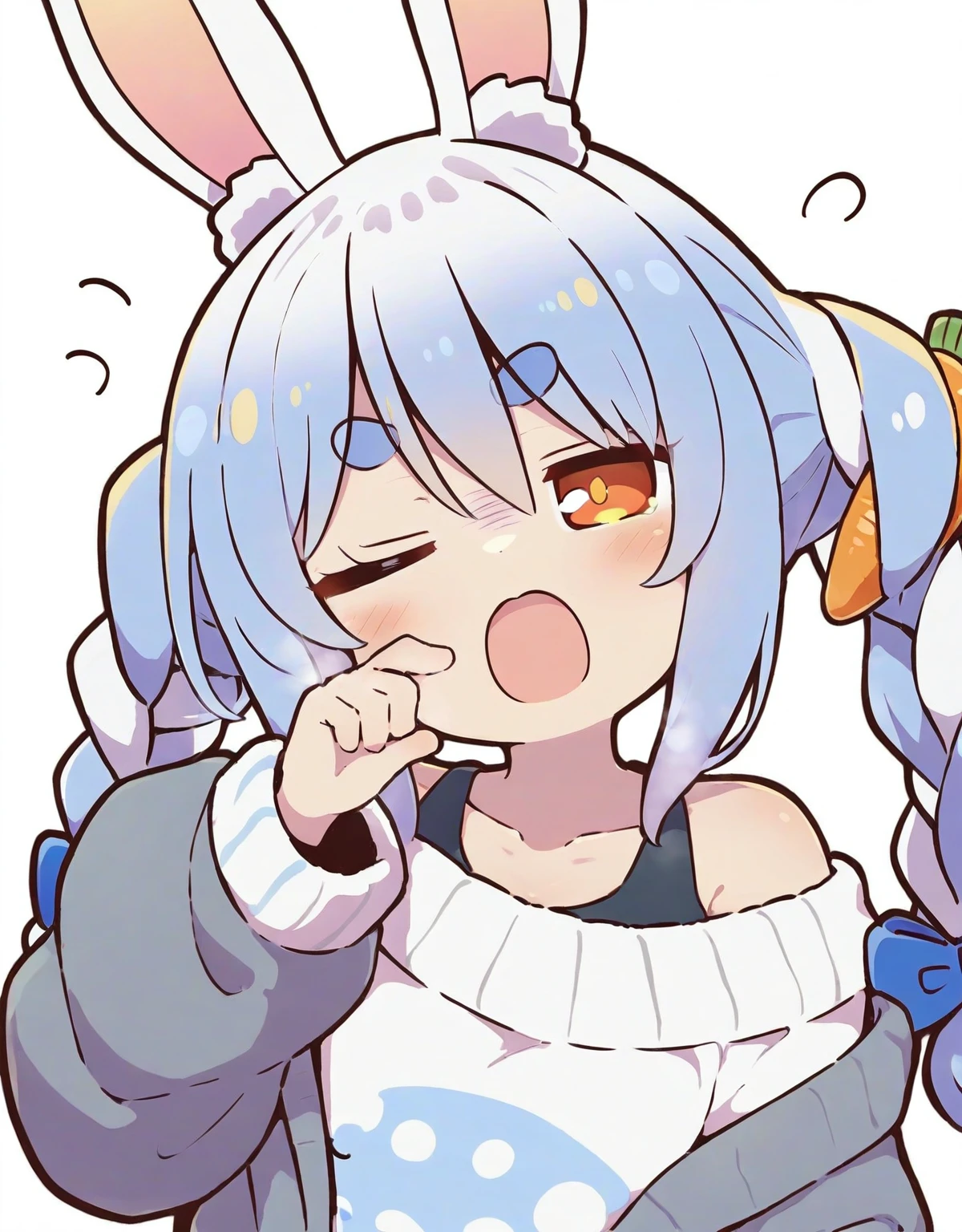 <lora:Moe:1>,1girl, virtual youtuber, usada pekora, solo, animal ears, blue hair, one eye closed, rabbit ears, sweater, food-themed hair ornament, carrot hair ornament, open mouth, hair ornament, sleepy, white background, white sweater, simple background, hair ribbon, ribbon, upper body, long sleeves, short hair, rubbing eyes, blue ribbon, multicolored hair, thick eyebrows, two side up, animal ear fluff, rabbit girl, blush, looking at viewer, twintails, alternate costume, orange eyes, white hair, two-tone hair, off-shoulder sweater, sleep bubble, collarbone,, masterpiece,newest,absurdres,safe,