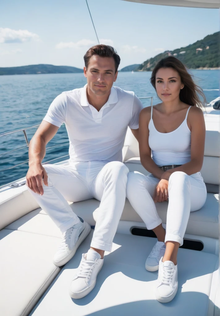 man 35 years old and young woman, sitting on the yacht, see at camera, white pants, white sneakers  <lora:Couple on yacht v.5:0.8>, <lora:Perfect Hands:1>