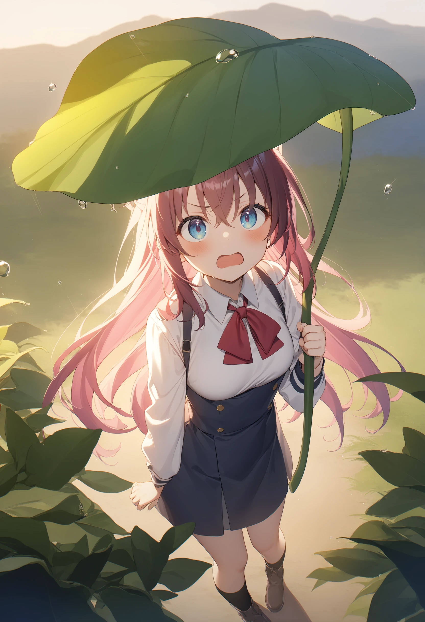 1girl,sincos, ningen mame, toosaka asagi,solo,medium breasts,
leaf umbrella, holding leaf, water drop, rain, outdoors, <lora:leafumbrella_XL_v1:0.8>
from above, cowboy shot, looking up, pink hair, white eyes,frown, Wheat field, open mouth, disheveled hair,,
best quality, very aesthetic, absurdres