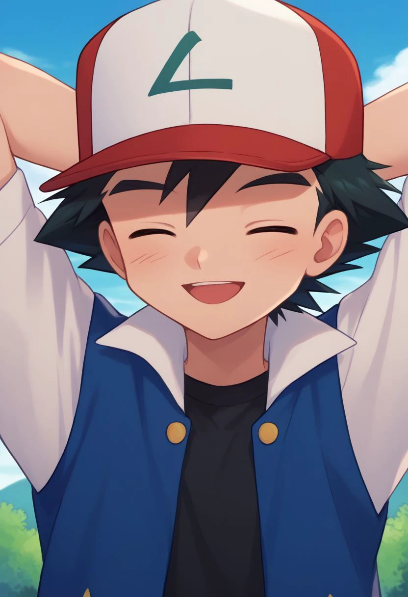 score_9, score_8_up, source_anime, highly detailed, 1boy, solo, skinny, human_child
ash3, 1boy, hat, male focus, baseball cap, black hair, day, jacket, shirt, black shirt, close eyes, open mouth, smile, hands behind head, upper body,
outdoor, cowboy shot,