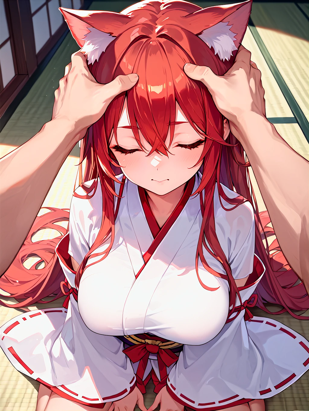 score_9, score_8_up, score_7_up, score_6_up, score_5_up, score_4_up, source_anime, cute face, 1girl, red hair, red cat ears of the same color as the hair (red), very long hair, hair between eyes, brown eyes, large breasts, miko, indoors, traditional japanese house,kneeling, pov, head pat, closed eyes,