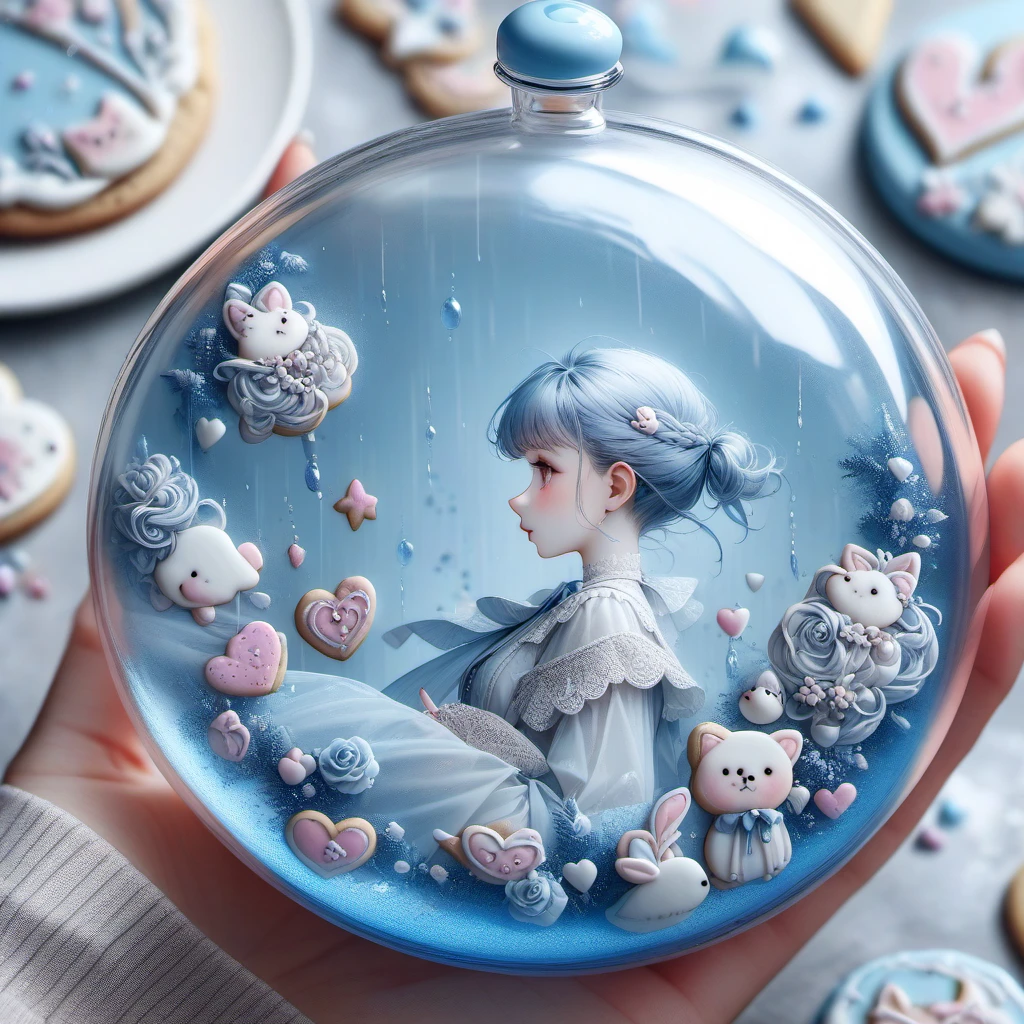 (delicate detailed many items,weightlessness and noground),rain blue theme,general,best quality, absurdres, side angle,(Reflection in bubble), <lora:cookie:0.9> ((cookie art design, cookie decoration))