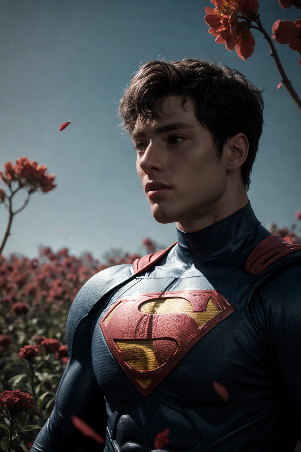 (Dav1dLaid) is Superman in a field of red flowers, surreal bright art, trending on artstation, interconnected human lifeforms, seafloor, black oled background, bloom, contaminated, RAW photo, detailed photo, gorgeous, shallow depth of field, bokeh, volumetric lighting, (surreal:0.4), hyper detailed photorealistic life-like accurate proportional 8k sharp focus, (vivid cinematic lighting), ray tracing, photorealistic detail, (selective focus:0.6) <lora:DavidLaid(Dav1dLaid):1.1> (Dav1dLaid)