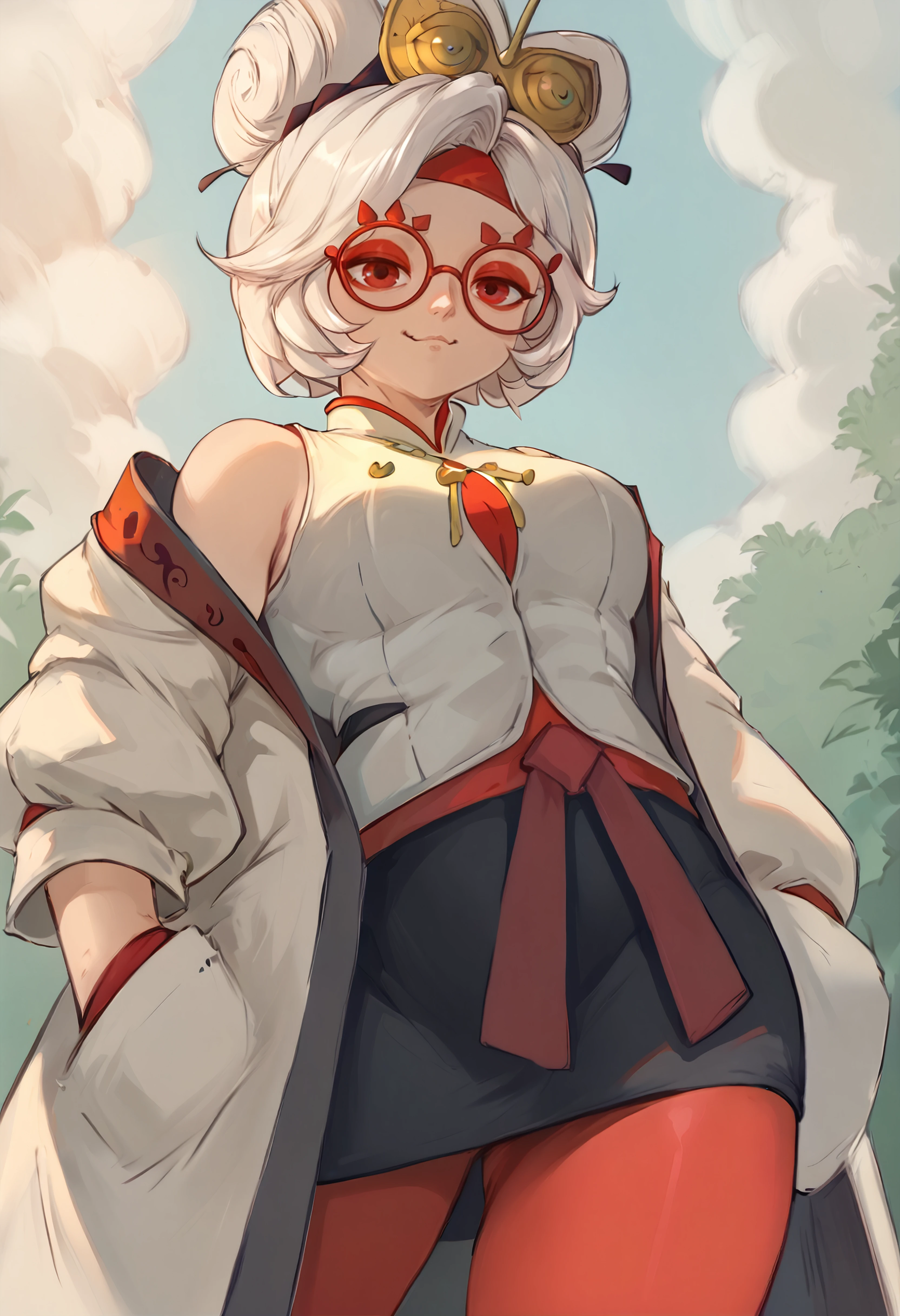 score_9, score_7_up BREAK <lora:tezy8_pd_dora:1> <lora:purah-pdxl-nvwls-v1:0.8> solo,from below,smug,mouth closed,looking at viewer,purah, hair ornament, red headband, red glasses, sleeveless shirt, white coat, black skirt, red leggings