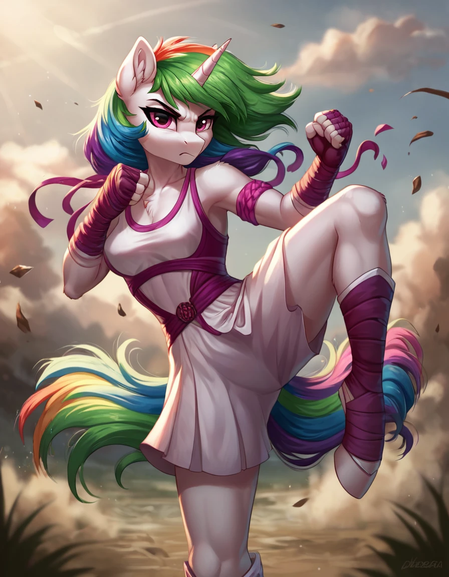 score_9, score_8_up, score_7_up,
source_furry, teep fighting stance,martial arts,
female, solo, breasts, unicorn, hair, fur, my little pony, gloves, outside, equine, fingers, anthro, green hair, looking at viewer, mammal, shaded, eyelashes, pink eyes, horn, rainbow hair, multicolored hair, eyebrows, hasbro, detailed background, friendship is magic, 5 fingers, white body, iskra, 2021, equid, digital media \(artwork\), 2020, inner ear fluff, solo,looking at viewer, angry,  (( wind, epic)), dynamic, motion blur,
 <lora:muay_thai_teep:0.8>