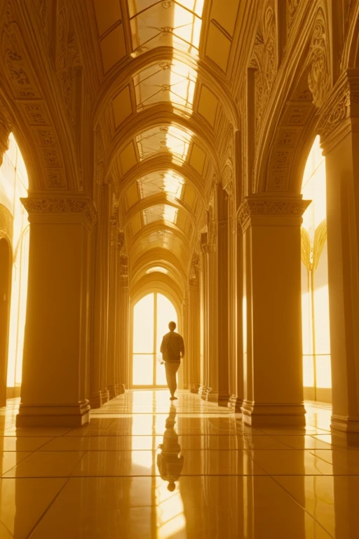 sunshine, soft lighting, global illumination, intricate details, 8k, reflections  [an industrial hallway:  man, turning around :1] <lora:sunshine:0.7>