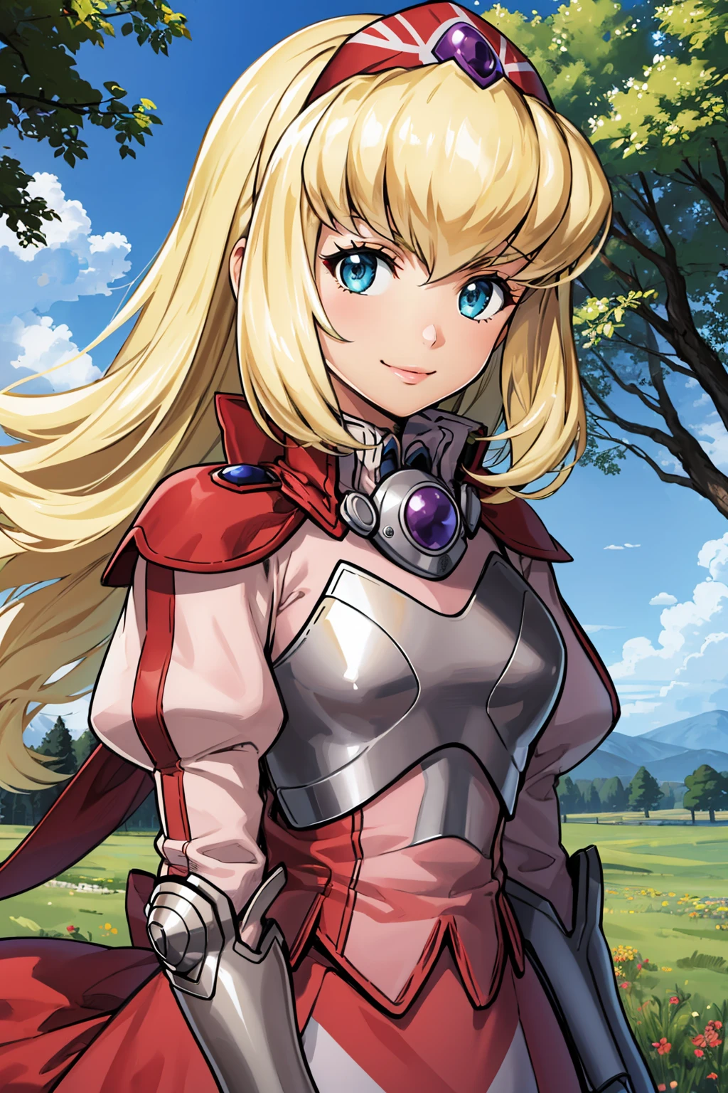 masterpiece, best quality, 1girl, <lora:alexia-nvwls-v1-000009:0.9> fenAlexia, hair ornament, gauntlets, armored dress, red bow, looking at viewer, smile, blue sky, trees, field, upper body