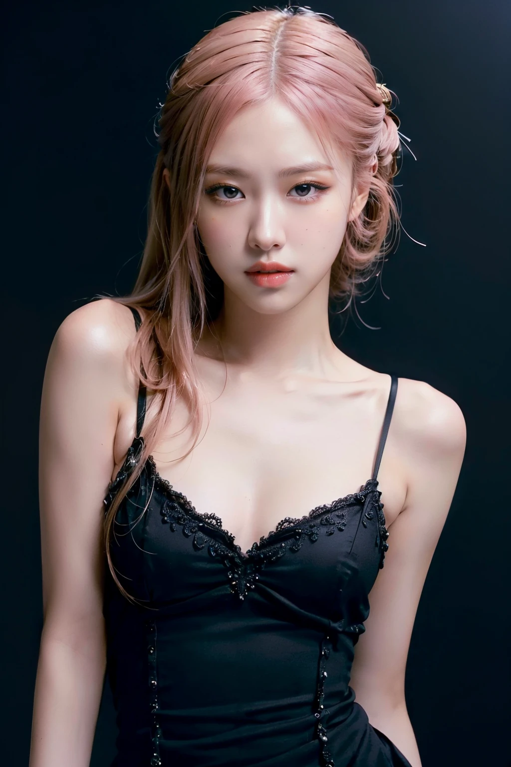 (masterpiece, best quality, high intricate details, realistic skin details, photo realistic),1girl,solo,realistic,photorealistic,ultra detailed,looking to the viewer,upper body,
standing,(black dress),simple background,<lora:Rosé-02:0.9>,Rosé,<lora:GoodHands-vanilla:1>,