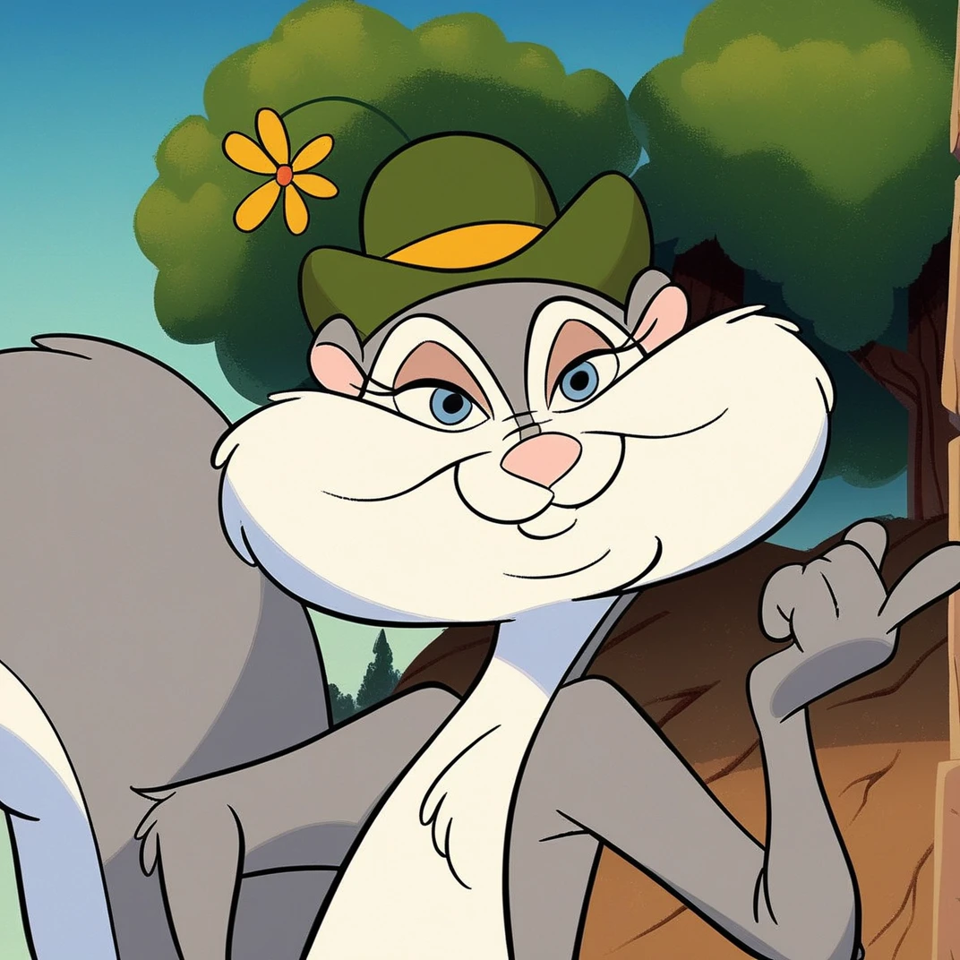 score_9, score_8_up, score_7_up, score_6_up, score_5_up, score_4_up, (Source furry), <lora:Slappy_Squirrel:1>, slappy squirrel, furry female, 1girl, solo, outside, trees, smile, squirrel girl, looking at viewer, blue eyes, tail, grey fur, two tone fur, hat, flower hat, green hat,