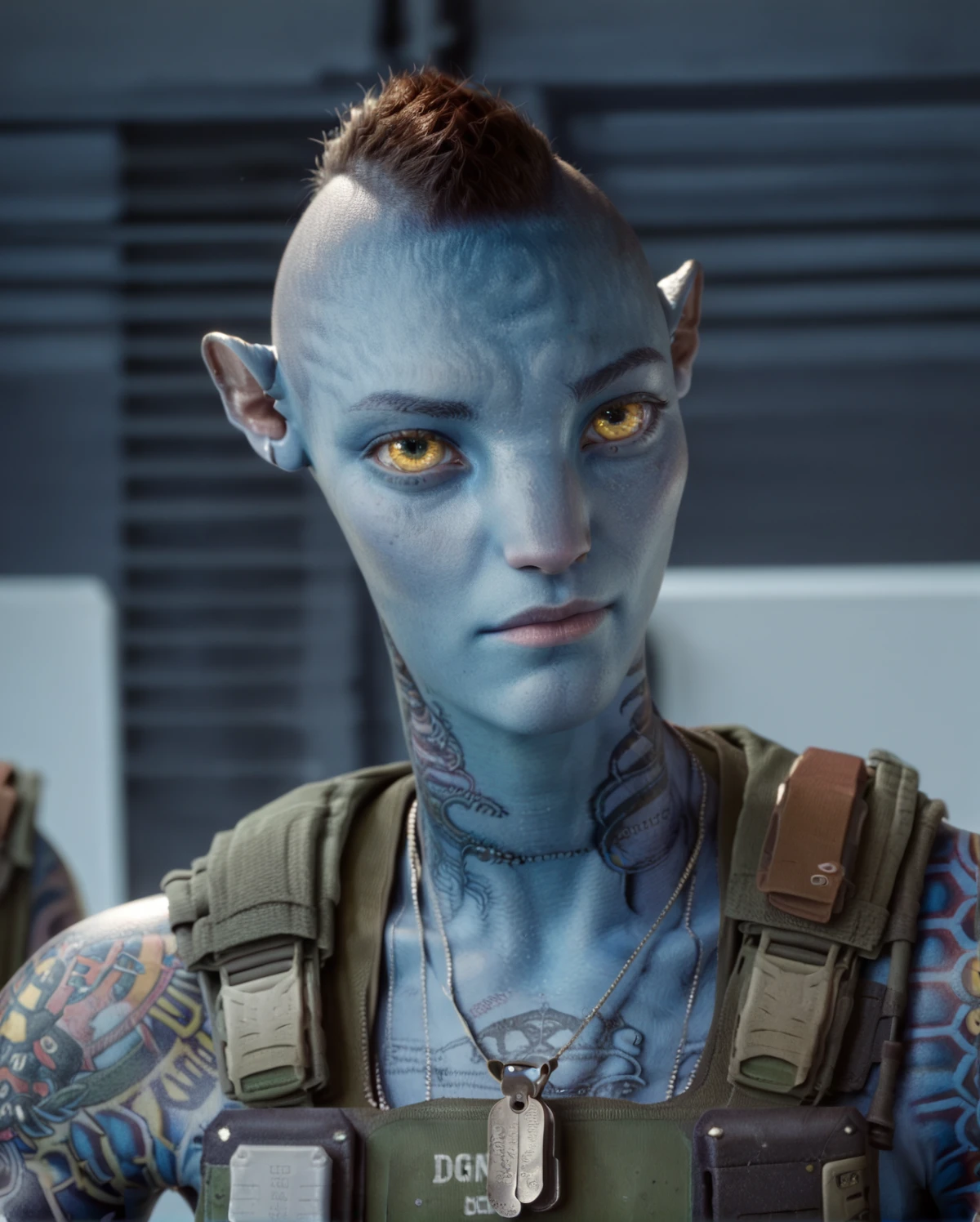<lora:Zdinarsk_Z-Dog:0.9> zdinarsk, portrait, looking at the viewer, blue skin, tattoos, side shaved hair, yellow eyes, closed mouth, dogtags, score_9, score_8_up, score_7_up, score_6_up, score_5_up, score_4_up