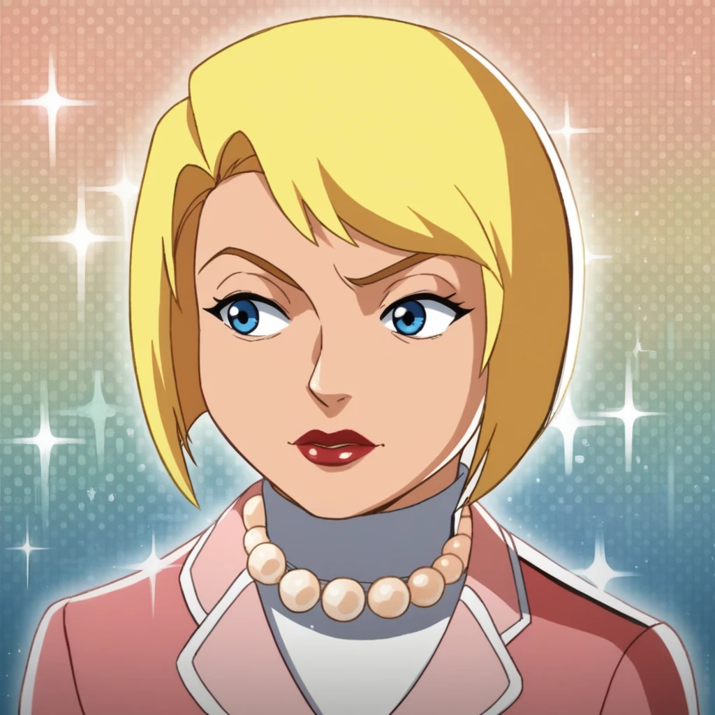 score_7_up, BREAK, PrincipalShields, 1girl,  solo, blonde hair, short hair, blue eyes, lipstick, pearl necklace, white turtleneck, pink suit, formal,  <lora:PrincipalShields_SpieZ_PXL_Leaf1:0.8>, cowboy shot, sparkle background,