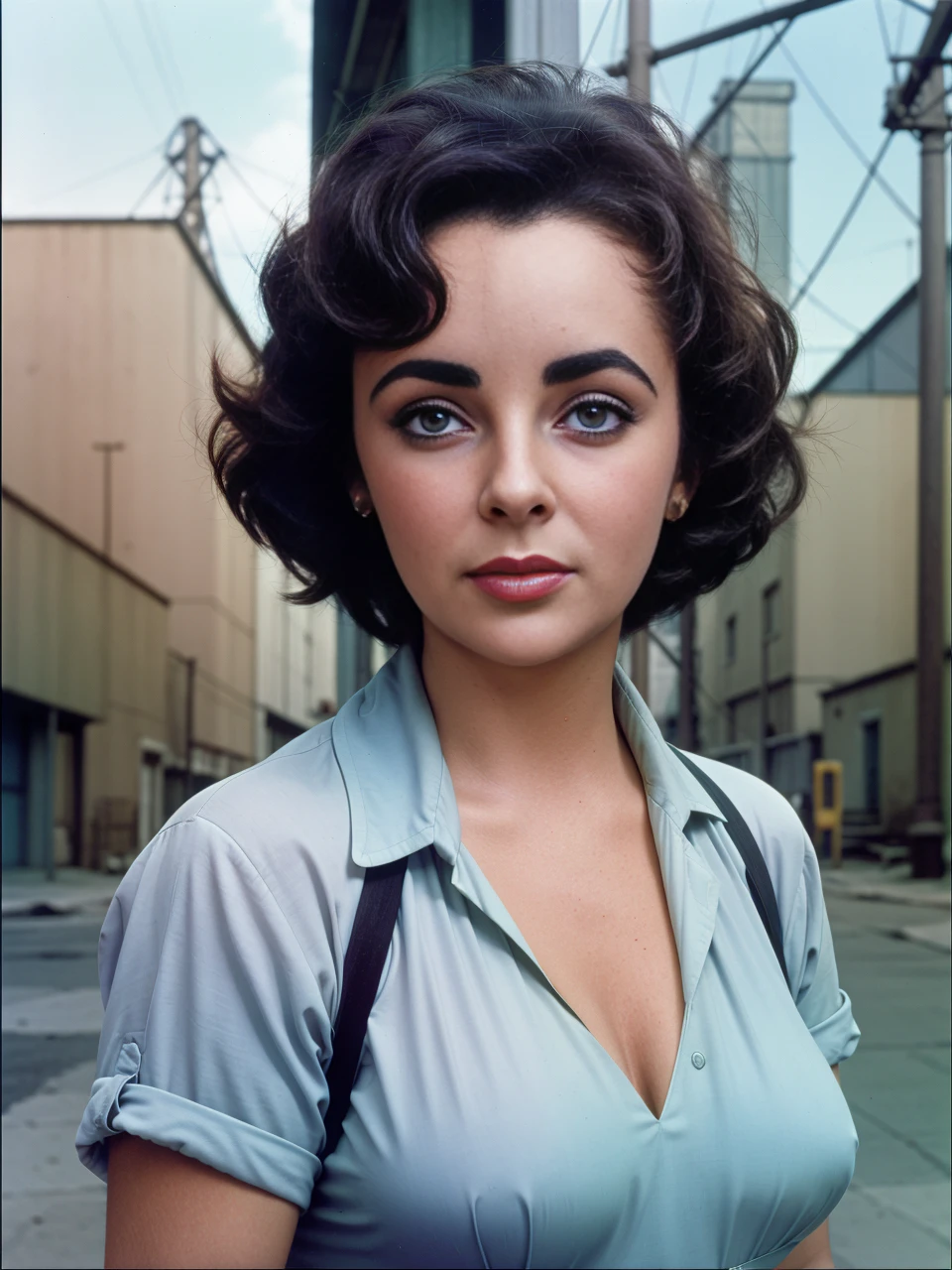 intricate photo of elizabethtaylor <lora:ElizabethTaylor:1> as a working girl , detailed eyes, power lines, 4k, high quality, masterpiece