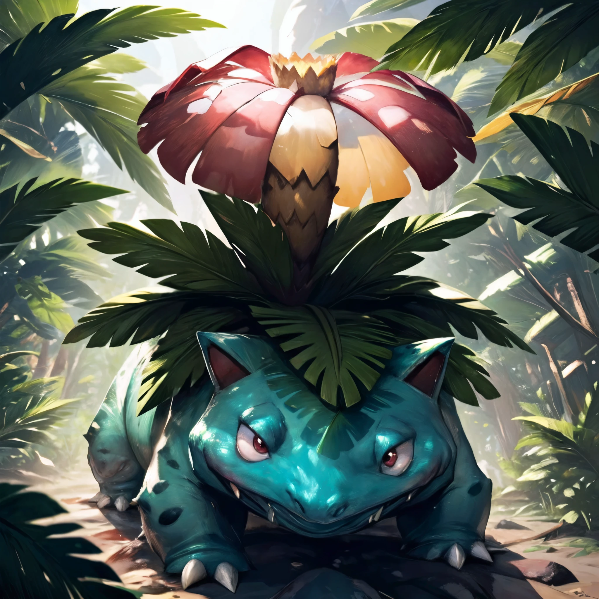 (HD), (ultra-detailed), (masterpiece), (best quality), (sharp focus), (cinematic lighting), (vibrant colors),  <lora:Venusaur_Pokemon_0003_SD_1.5:1> venusaur, pokemon, splash art, sunny day, basking, sunbathing, ^.^, happy, leaves falling