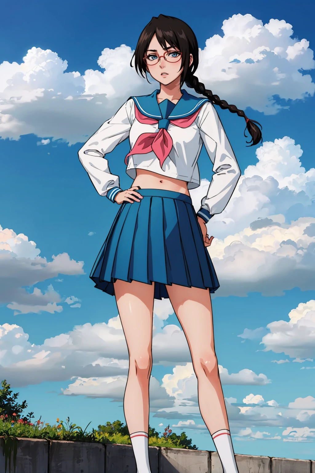 masterpiece, best quality, 1girl, <lora:yadoumarulisa-nvwls-v1-000010:0.8> yadoumarulisa, single braid, glasses, serafuku, long sleeves, blue skirt, pleated skirt, midriff, black socks, white sneakers, hand on hip, looking to the side, blue sky, clouds