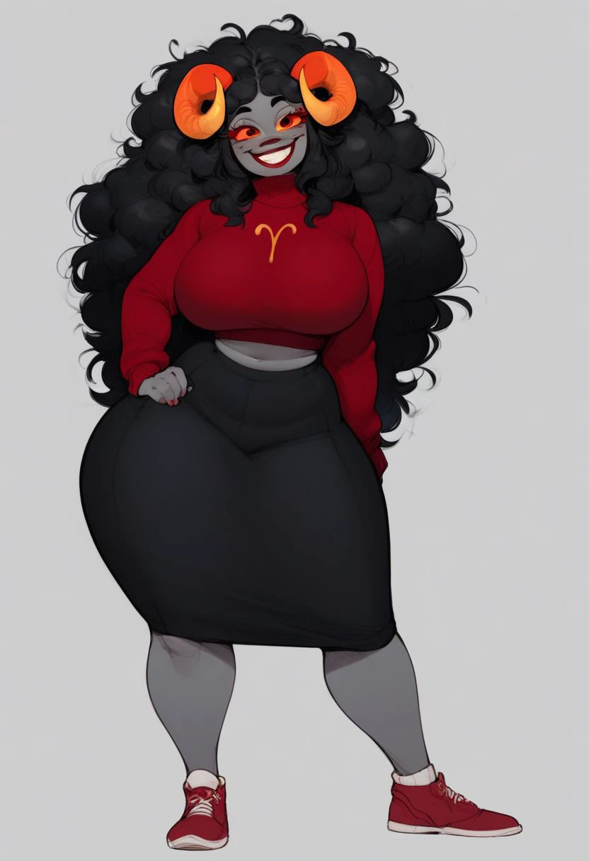 score_9,score_8_up,score_7_up, score_6_up, Aradia Megido, sheep horns, grey skin, long black hair, fluffy hair, yellow sclera, red irises, red sweater, dark red leggings, smile, grin, huge smile, red eyelashes, full body, voluptuous, fairy wings, ((red wings)), large wings