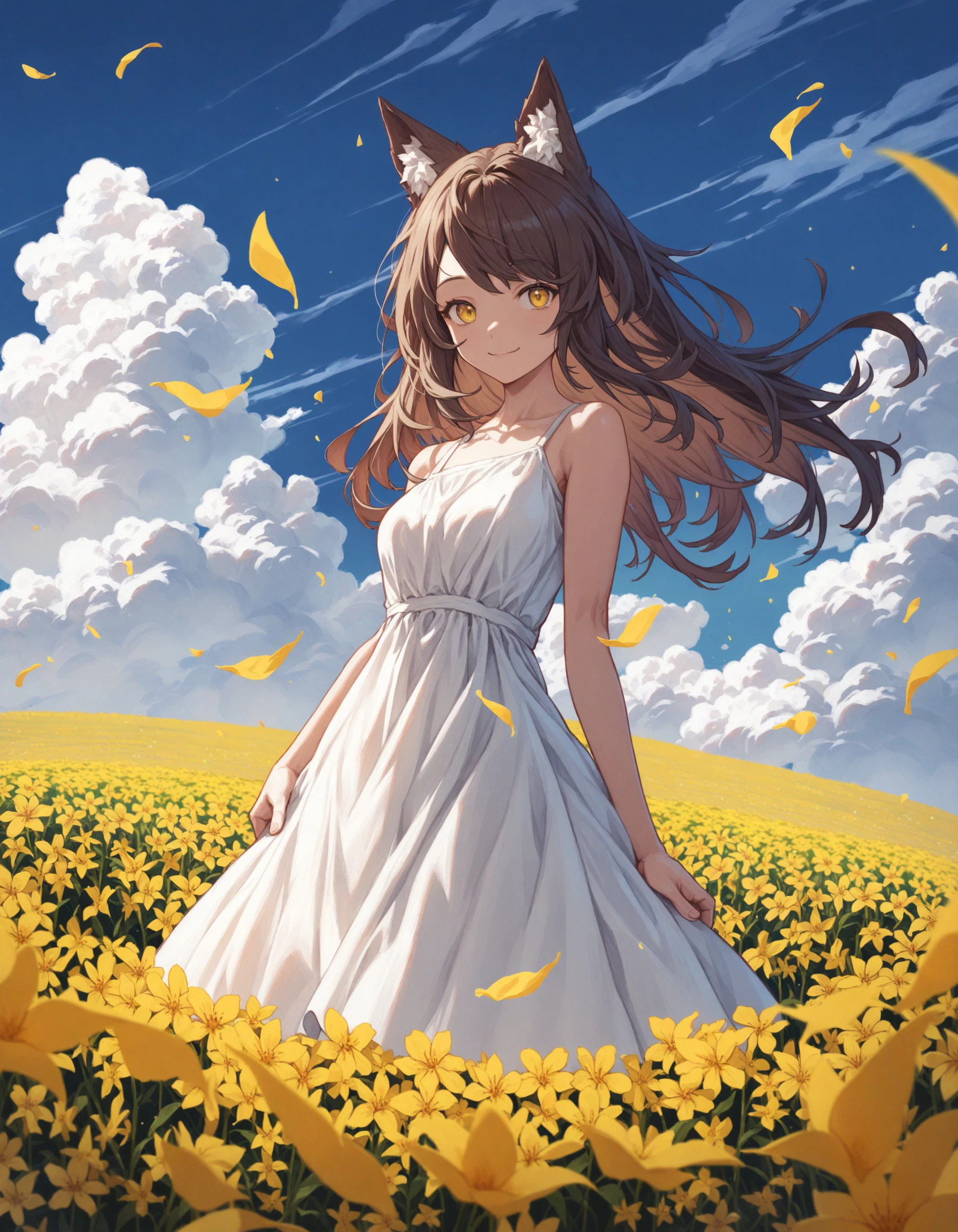score_9, best quality, 1girl, dark brown hair, yellow eyes, wolf ears, looking at viewer, smile, white dress, standing in flower field, yellow flowers, blue sky, clouds,