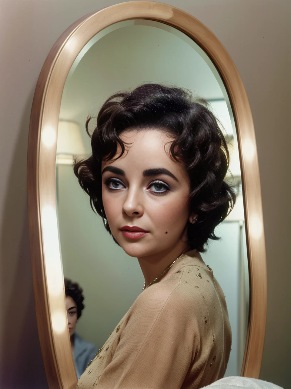 intricate photo of elizabethtaylor <lora:ElizabethTaylor:1> get a haircut , detailed eyes, mirror, 4k, high quality, masterpiece