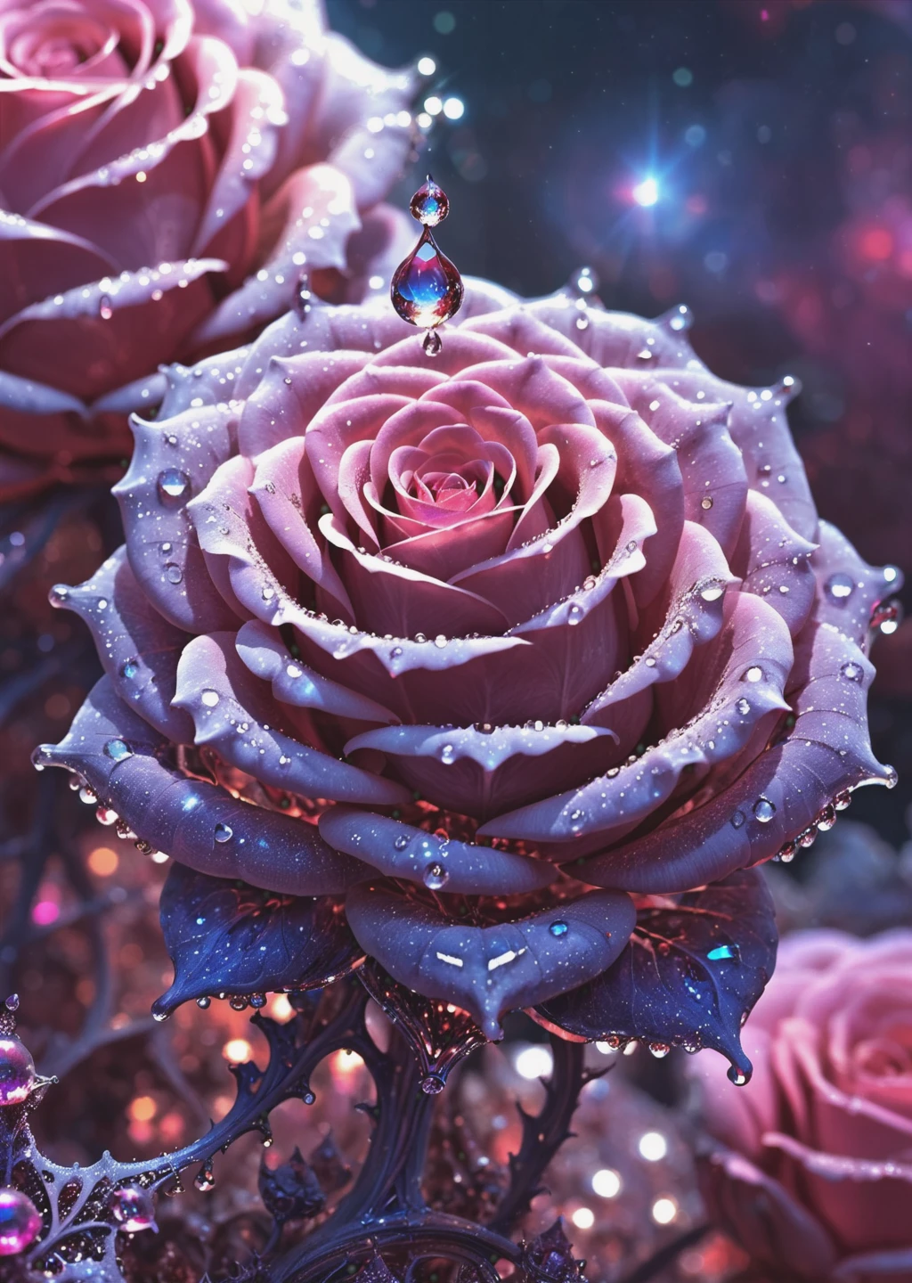 closeup zoom,(macro:1.3) photo, sparkling magical fantasy glass rose dewdrop, very detailed, amazing quality, intricate, cinematic light, highly detail, beautiful, surreal, dramatic, galaxy fantasy colors <lora:mandelbulb0XL:0.5> (mandelbulb:1.5)