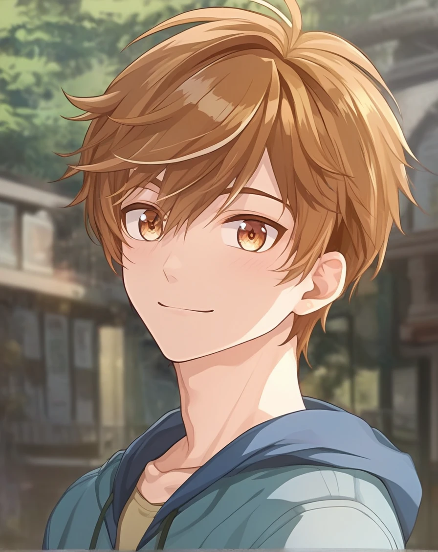 score_9_up, score_8_up, rating_safe, depth of field, anime screencap, anime coloring, official style, ((1boy, solo, male only, male focus, upper body)), (luke_pearce, hazel eyes, brown hair, short hair, hair between eyes, bangs, black pupils), happy, looking at viewer, facing viewer, collarbone, outdoors, <lora:luke_pony_v2:0.80>
