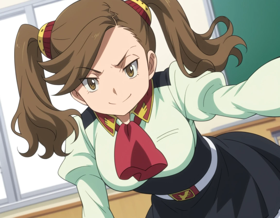 score_9, score_8_up, score_7_up, source_anime,
kaorukosazaki, <lora:kaoruko-sazaki-s2-ponyxl-lora-nochekaiser:1>,
kaoruko sazaki, long hair, brown hair, hair ornament, twintails, swept bangs, brown eyes,
skirt, pantyhose, belt, white pantyhose, high-waist skirt, puffy sleeves, long sleeves, ascot, red ascot, black skirt,
indoors, classroom, bent over, smile,
looking at viewer, dutch angle, cowboy shot, solo,