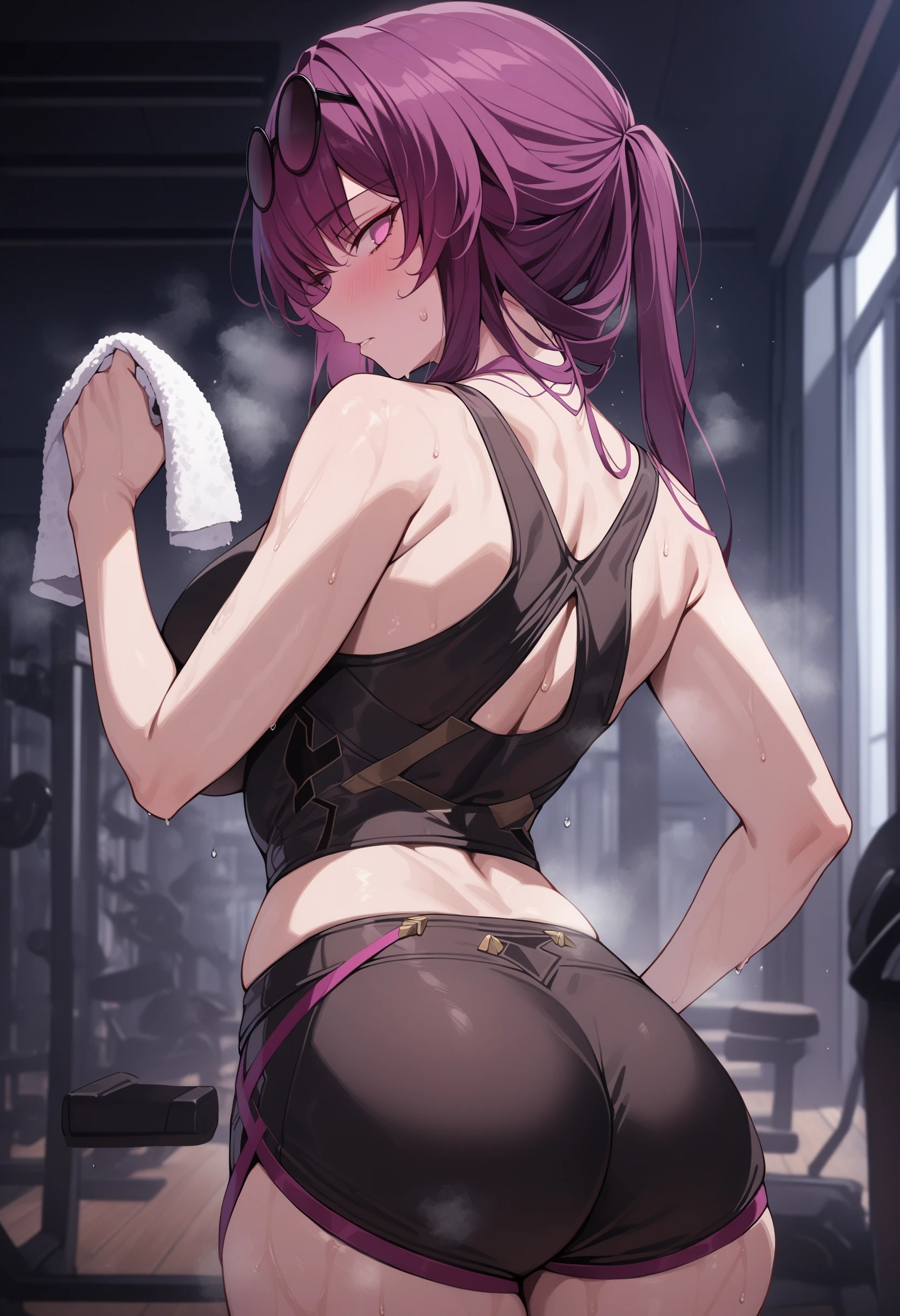 1girl, kafka, purple eyes, bangs, eyewear on head, serious, indoors, black sports bra, gym, black sports shorts, wiping sweat, towel, cowboy shot, from behind, looking back, sweat, steaming body, steam, hand up, masterpiece, best quality <lora:Kafka_Animagine:1>