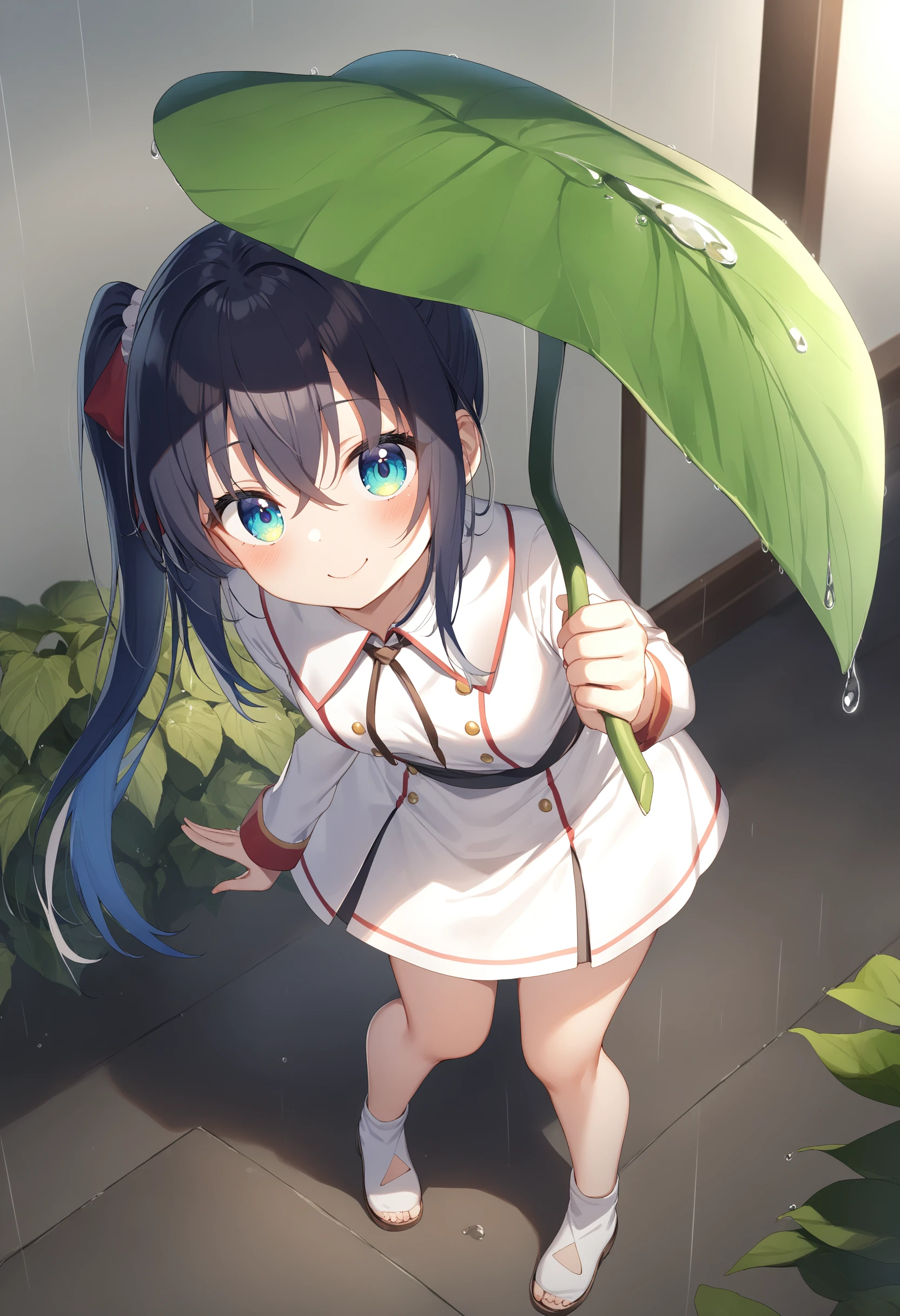 1girl,sincos, ningen mame, toosaka asagi,solo,medium breasts,
leaf umbrella, holding leaf, water drop, rain, outdoors, <lora:leafumbrella_XL_v1:0.8>
from above, full body, looking at viewer, blue hair, aqua eyes,smile, novitiate, closed mouth, side ponytail hair,,
best quality, very aesthetic, absurdres