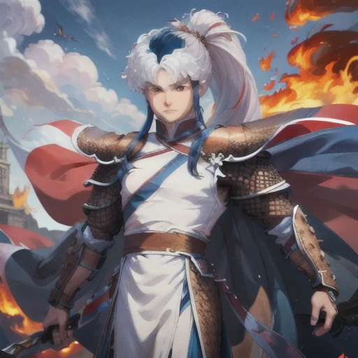 maleherb, 1boy, dragonboy, solo, long hair, looking at viewer, red eyes, dress, blue hair, ponytail, white hair, sidelocks, multicolored hair, cape, armor, two-tone hair, fire, shoulder armor, pauldrons, serious, <lora:maleherb-04:0.8>