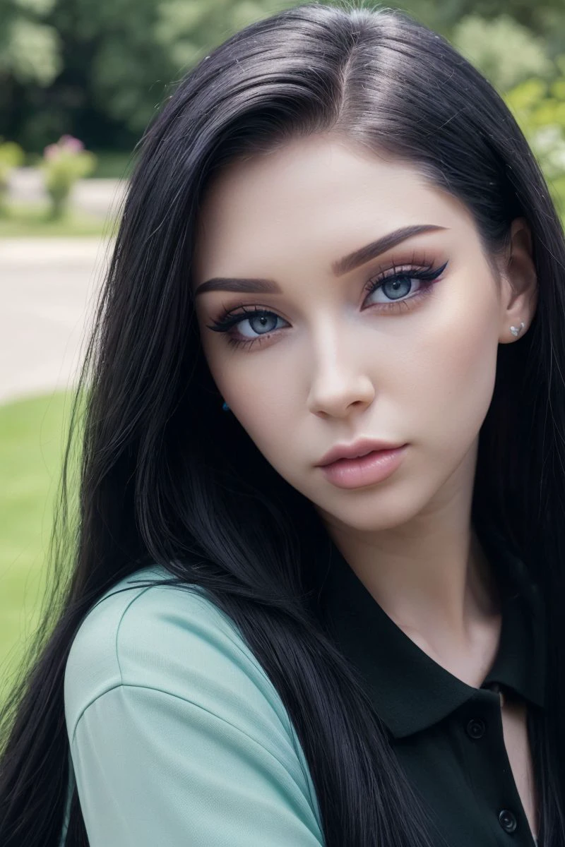 closeup headshot of S432_BekeJacoba,a beautiful woman,in a (garden:1.1),wearing a (polo-shirt),(black-hair),(4k, RAW photo, best quality, 50mm, depth of field, ultra high res:1.1),(intricate, photorealistic, cinematic-shot, masterpiece, ultra-detailed:1.1),