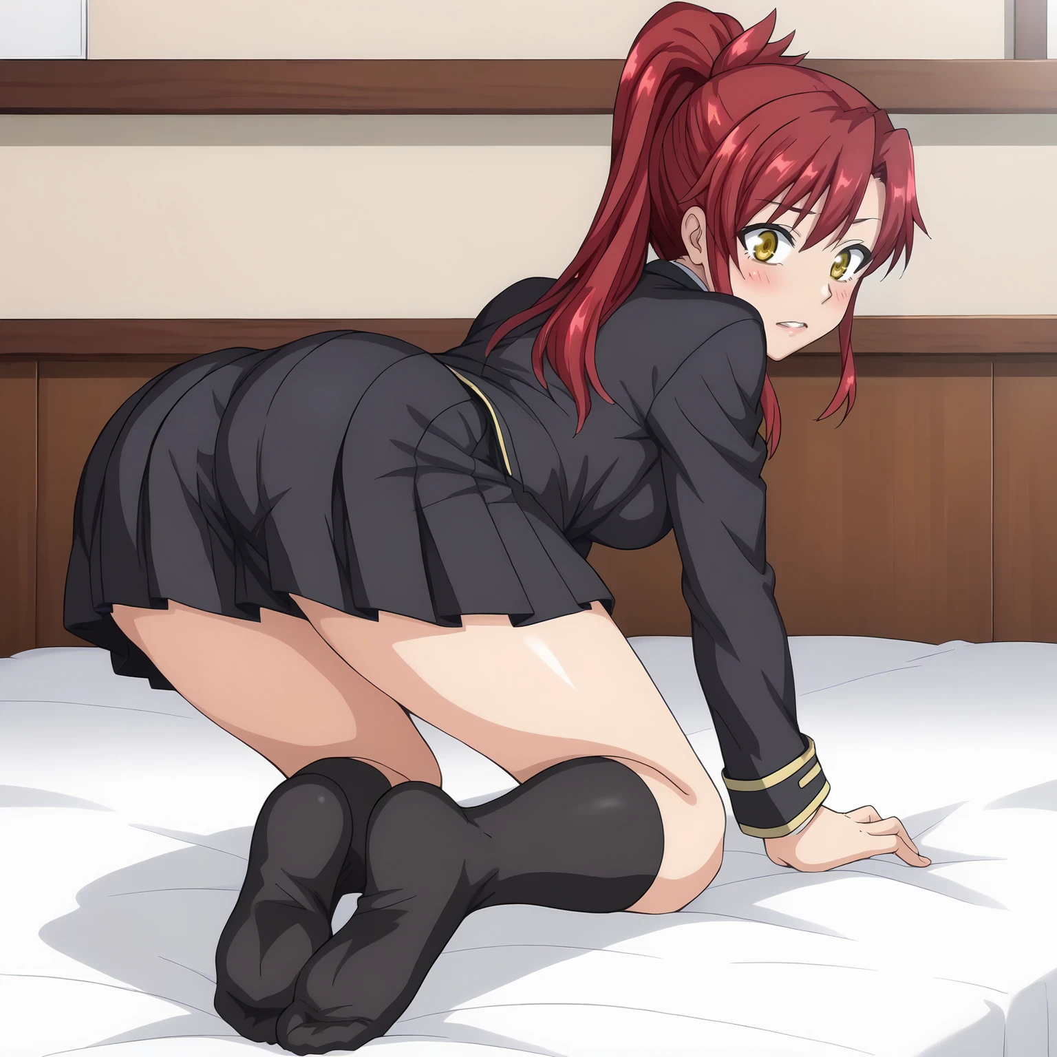 <lora:MisakiShinoharaXLpony001>,
blush,parted lips,
solo,
MisakiShinohara,1girl,crimson hair,ponytail,yellow eyes,
school_uniform,black blazer,
pleated_skirt,black skirt,
black socks,
full body,looking back,all fours,