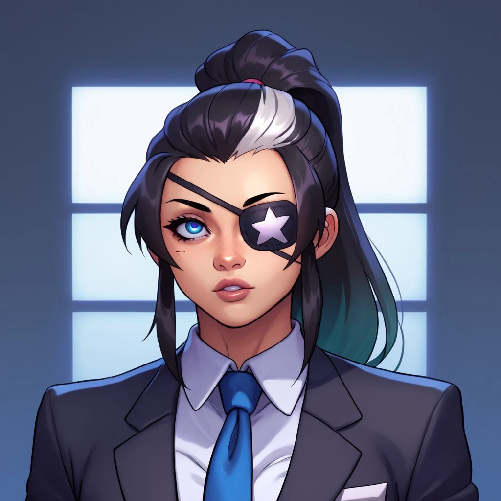 score_9, score_8_up, score_7_up, score_6_up, blackmyst-dh BREAK, 1girl, solo, long hair, shirt, black hair, white shirt, ponytail, multicolored hair, parted lips, necktie, collared shirt, eyepatch, formal, suit, portrait, meme  <lora:Artist_Style_-_Blackmyst_Drowtales_PDXL:0.7>