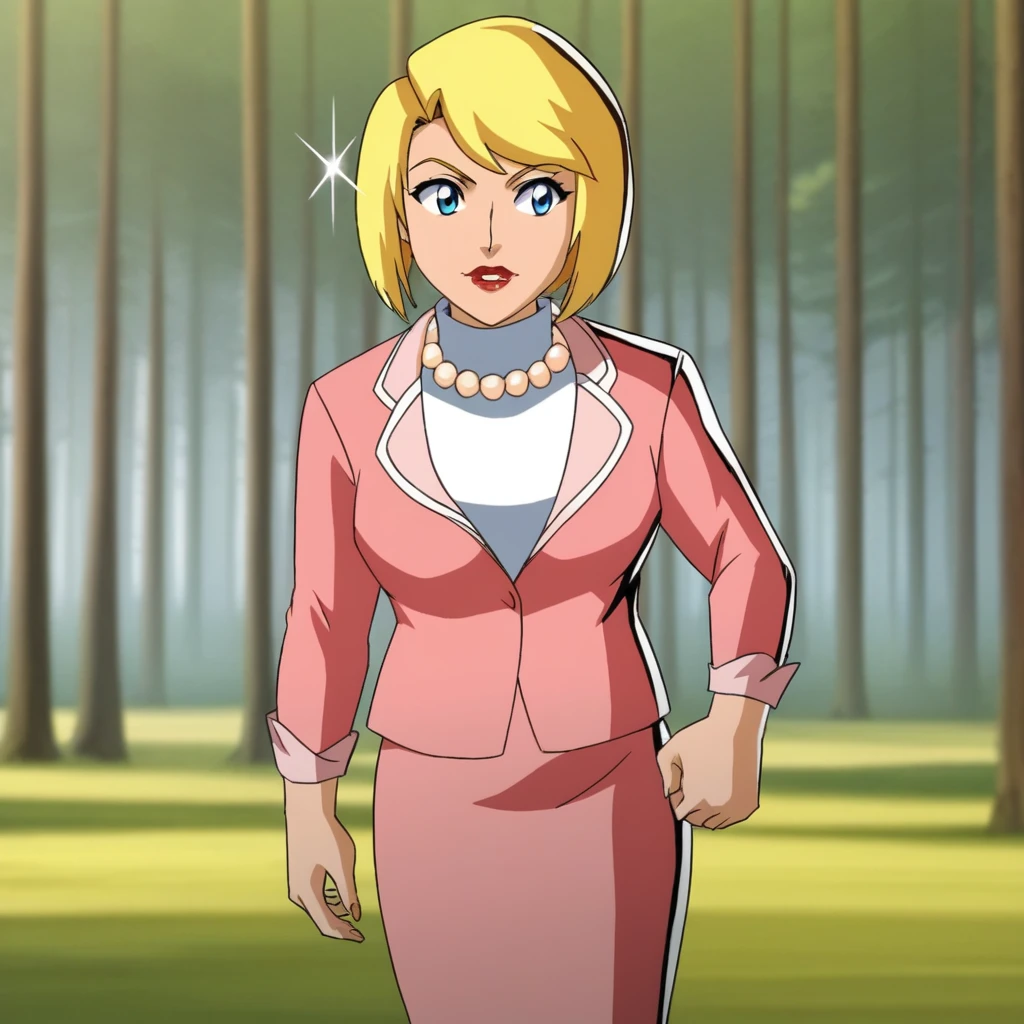 score_1_up, BREAK, PrincipalShields, 1girl, solo, blonde hair, short hair, blue eyes, lipstick, pearl necklace, white turtleneck, pink suit, formal, pencil skirt, <lora:PrincipalShields_SpieZ_PXL_Leaf1:0.8>, cowboy shot, forest, blurry background, sparkle background,