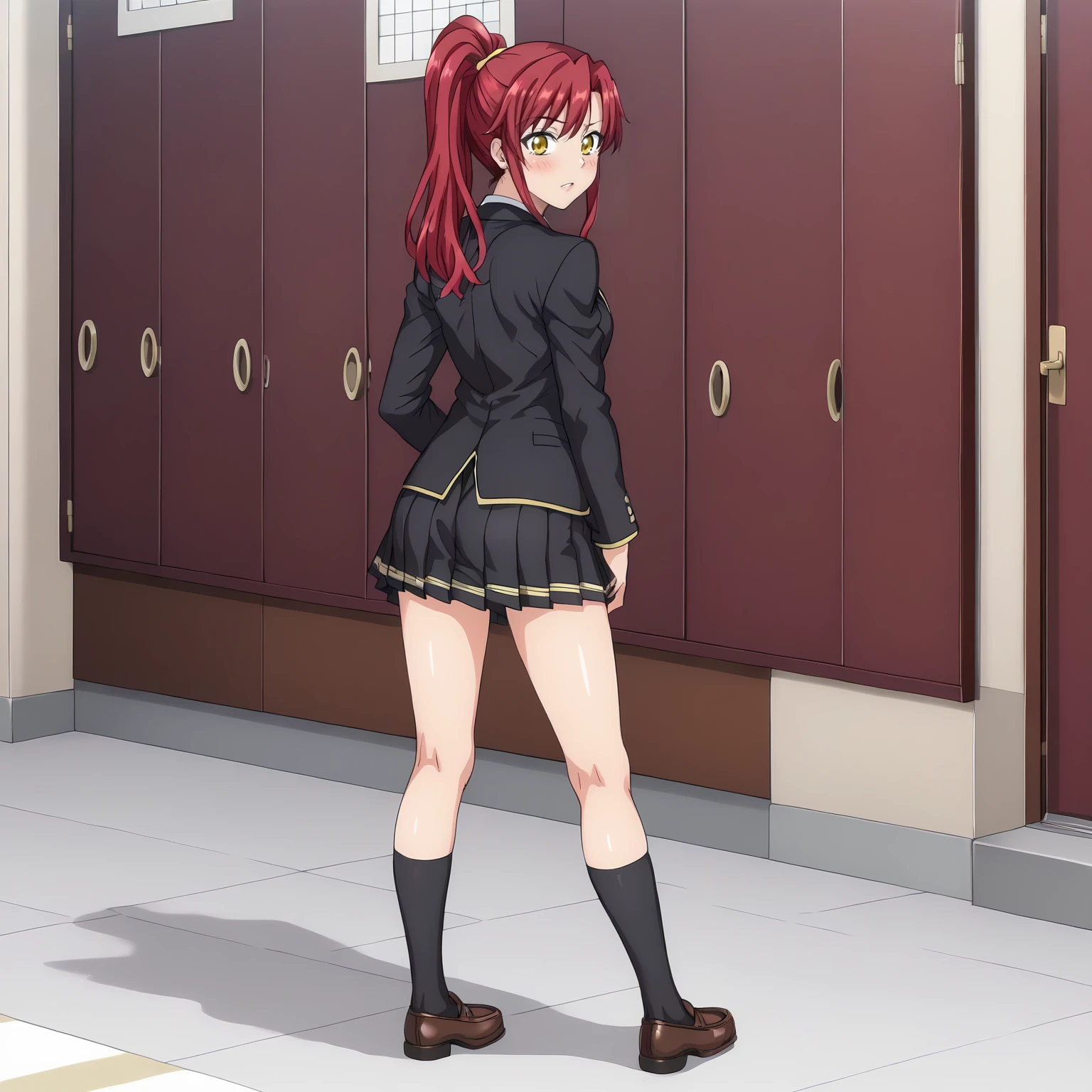 <lora:MisakiShinoharaXLpony001>,
blush,parted lips,
solo,
MisakiShinohara,1girl,crimson hair,ponytail,yellow eyes,
school_uniform,black blazer,
pleated_skirt,black skirt,
black socks,
full body,standing,looking back,