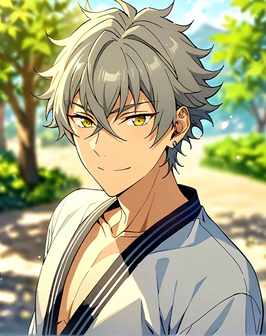 masterpiece, best quality, very aesthetic, absurdres, very detailed, depth of field, blurry background, ((1boy, solo, male only, male focus, upper body, adult)), (oogami_koga, gray hair, yellow eyes, short hair, hair between eyes, bangs, earring on left ear), happy, looking at viewer, facing viewer, collarbone, outdoors, <lora:Lightning-8:1>, <lora:oogami_koga_sdxl_lora:0.74>