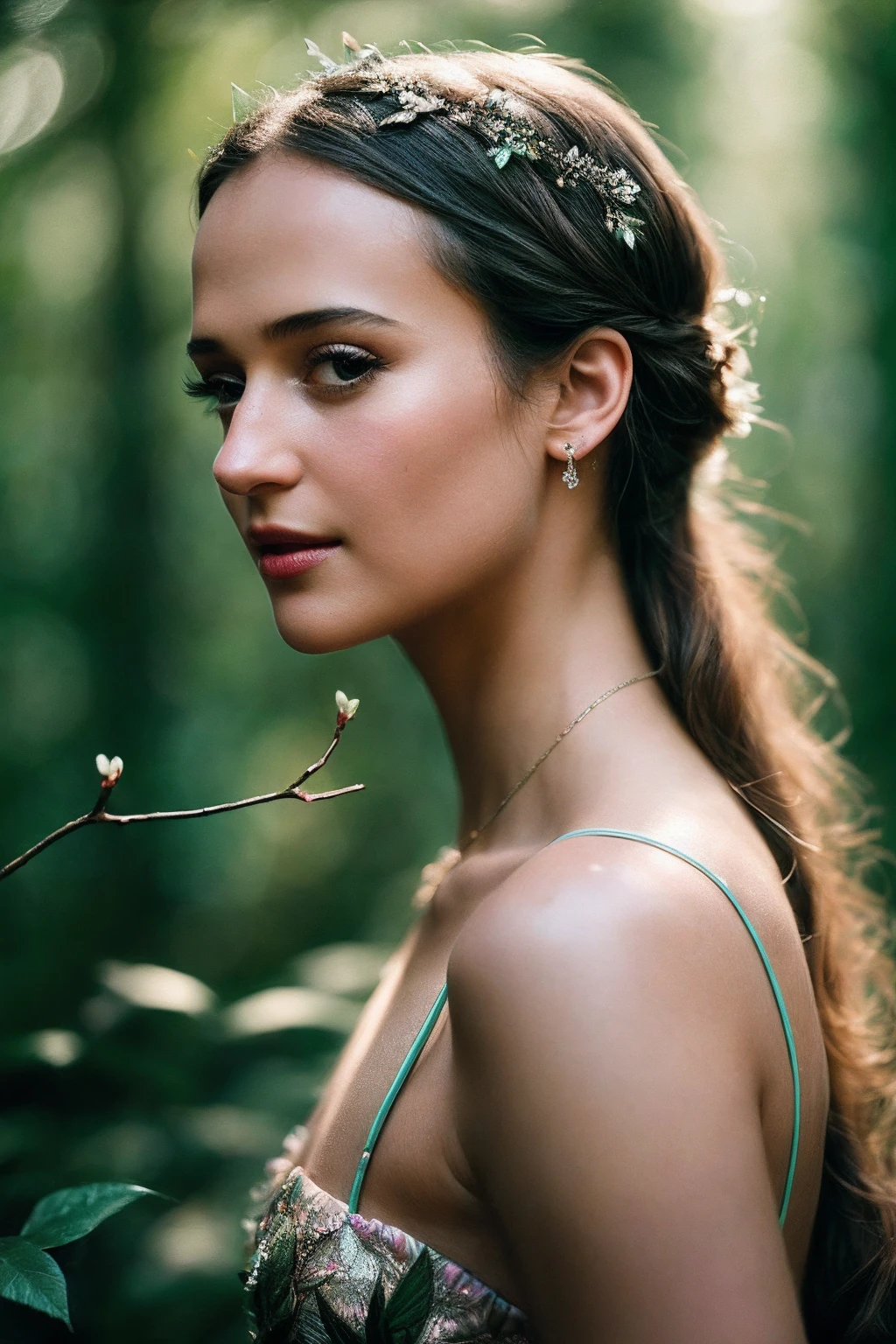 AliciaV_SoloTI_v1,
(pal skin:1.3),
(In a playful ensemble of pastel-colored petals and leaves, with sparkling fairy dust adorning her hair and delicate wings shimmering in the sunlight, for a whimsical and innocent look), (Amidst a sunlit glade in the heart of an enchanted forest, where dewdrops glisten on emerald leaves and the laughter of woodland creatures fills the air, a sense of magic and mischief surrounds the fledgling fairy:1.3), (seductive:1.3),(analog, cinematic, film grain, hazy atmosphere, cinematic shot:1.3),
<lora:add_detail:0.6>, PA7_Portrait-MCU,