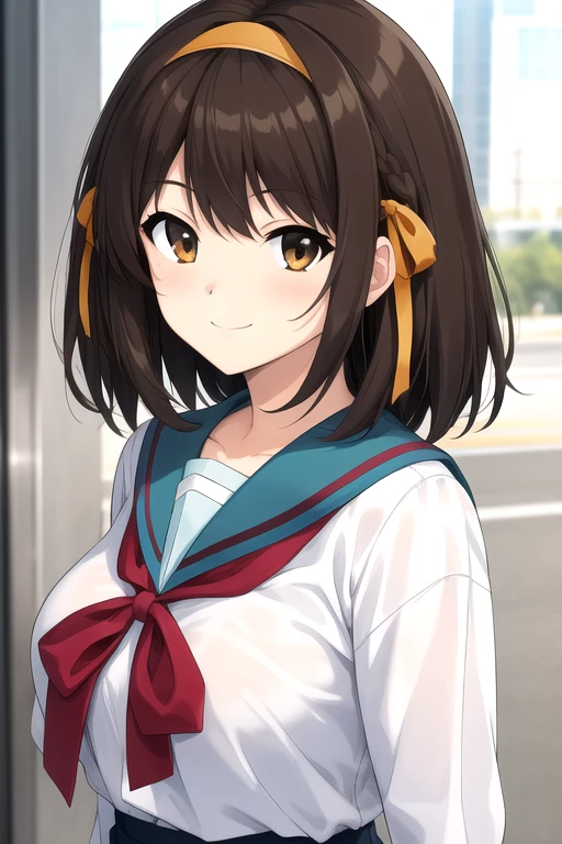 ((masterpiece)),(best quality),official art,extremely delicate and beautiful,extremely detailed CG,unity 8k wallpaper,ultra detailed,beautiful detailed eyes,extremely detailed face,outdoors,1girl,solo,upper body,(portrait:1.5),looking at viewer,facing viewer,smile,Suzumiya Haruhi,medium hair,brown hair,hair intakes,orange hairband,hair bow,orange bow,hair ribbon,orange ribbon,hair ornament,sidelocks,diagonal bangs,brown eyes,kita high school uniform,collarbone,blue sailor collar,serafuku,neck ribbon,red ribbon,red bow,white shirt,long sleeves,large breasts,skindentation,shirt tucked in,miniskirt,blue skirt,zettai ryouiki,black thighhighs,loafers,<lora:Suzumiya Haruhi(tmhs):0.8>,