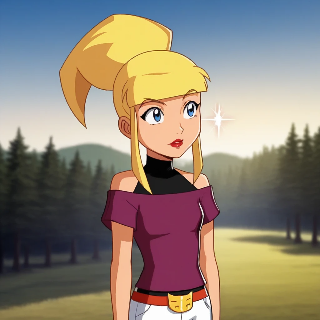 score_7_up, BREAK, 1girl, solo, Tami, blonde hair, high ponytail, blue eyes, lipstick, shirt, off shoulders, white pants, <lora:Tami_SpieZ_PXL_Leaf1:1>, cowboy shot, blurry background, sparkle background, forest,