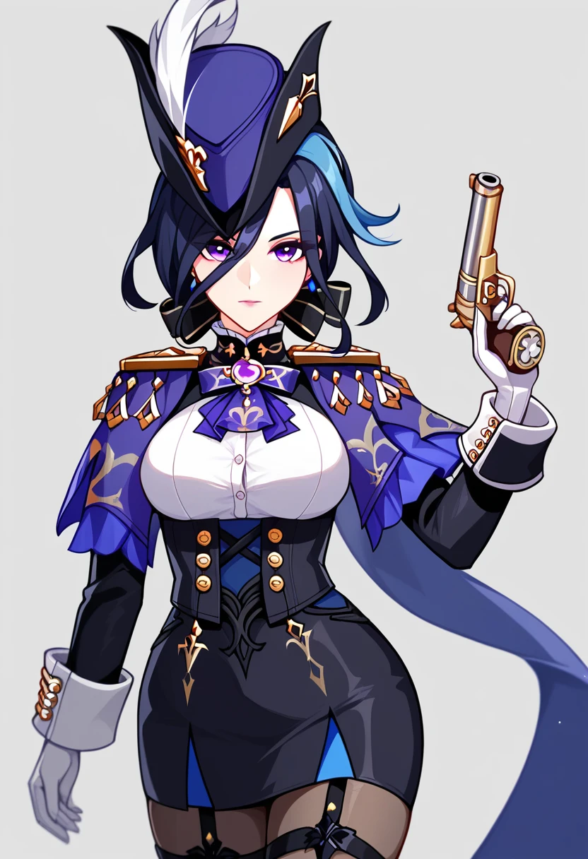 masterpiece, Best quality, 1 girl,He has,shake your hat,purple hair,long hair, eye patch, Purple eyes,separate collar, tie,bare shoulders,cut off the sleeves,dress,White gloves,black tights, garters,white thigh high boots,
Gray background, dress lift, red panties
