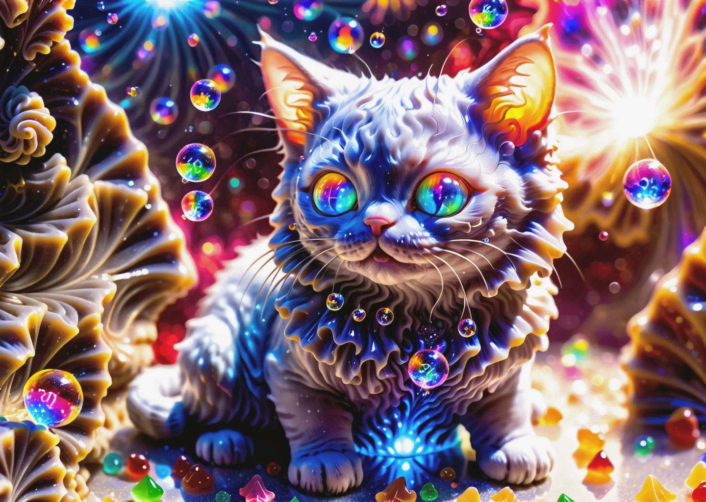 closeup zoom,(macro:1) photo,cute kitty cat plays on,(mandelbulb fractals:1.3) thousand shards of colorful glass candy on an opalescent countertop,condensation,effervescent,detailed,intricate,key light,backlight,fill light,three-point lighting, nebulae bubbles,<lora:mandelbulb0XL:0.8>