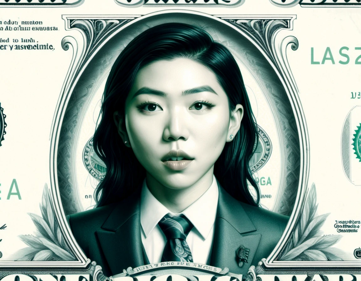 
DollaBill, digital painting of Awkwafina, wearing a suit and tie, framed by an ornate border, on top of a $ 100 bill. watermark. pg13 _ rating