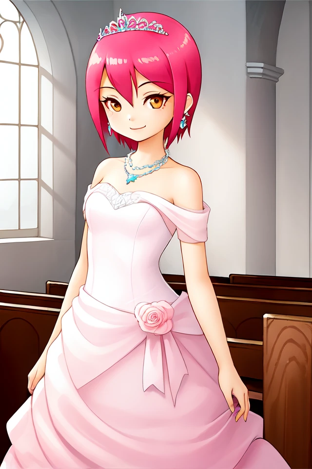 1 girl, indoors, church, smiling,
 <lora:Harvest_Moon_Hero_of_Leaf_Valley_-_Aurelia:0.5> holvaurelia, pink hair, short hair, brown eyes,
tiara, earrings, necklace, pink dress, wedding dress, sleeveless dress, bare shoulders,