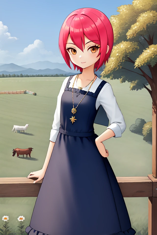 1 girl, outdoors, farm, pasture, animals, horses, fence,
 <lora:Harvest_Moon_Hero_of_Leaf_Valley_-_Aurelia:0.5> holvaurelia, pink hair, short hair, brown eyes,
shirt under dress, pendant, long dress, blue dress,