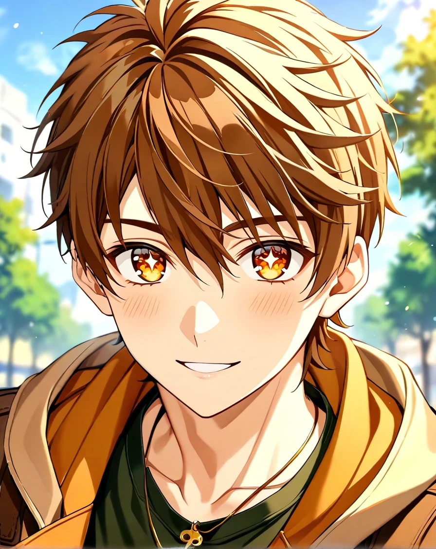 masterpiece, best quality, very aesthetic, absurdres, very detailed, depth of field, ((1boy, solo, male only, male focus, upper body)), (luke_pearce, 1boy, brown hair, amber eyes, short hair, hair between eyes, bangs), happy, symbol-shaped pupils, star-shaped pupils, looking at viewer, facing viewer, green shirt, brown coat, key pendant, collarbone, outdoors, <lora:luke_sdxl_lora:0.74>, <lora:Lightning-8:1>