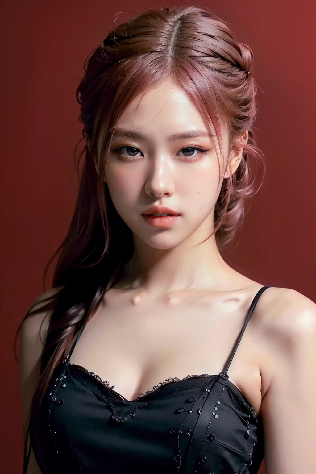 (masterpiece, best quality, high intricate details, realistic skin details, photo realistic),1girl,solo,realistic,photorealistic,ultra detailed,looking to the viewer,standing,(black dress),simple background,red background,(closeup),<lora:Rosé-02:0.9>,Rosé,